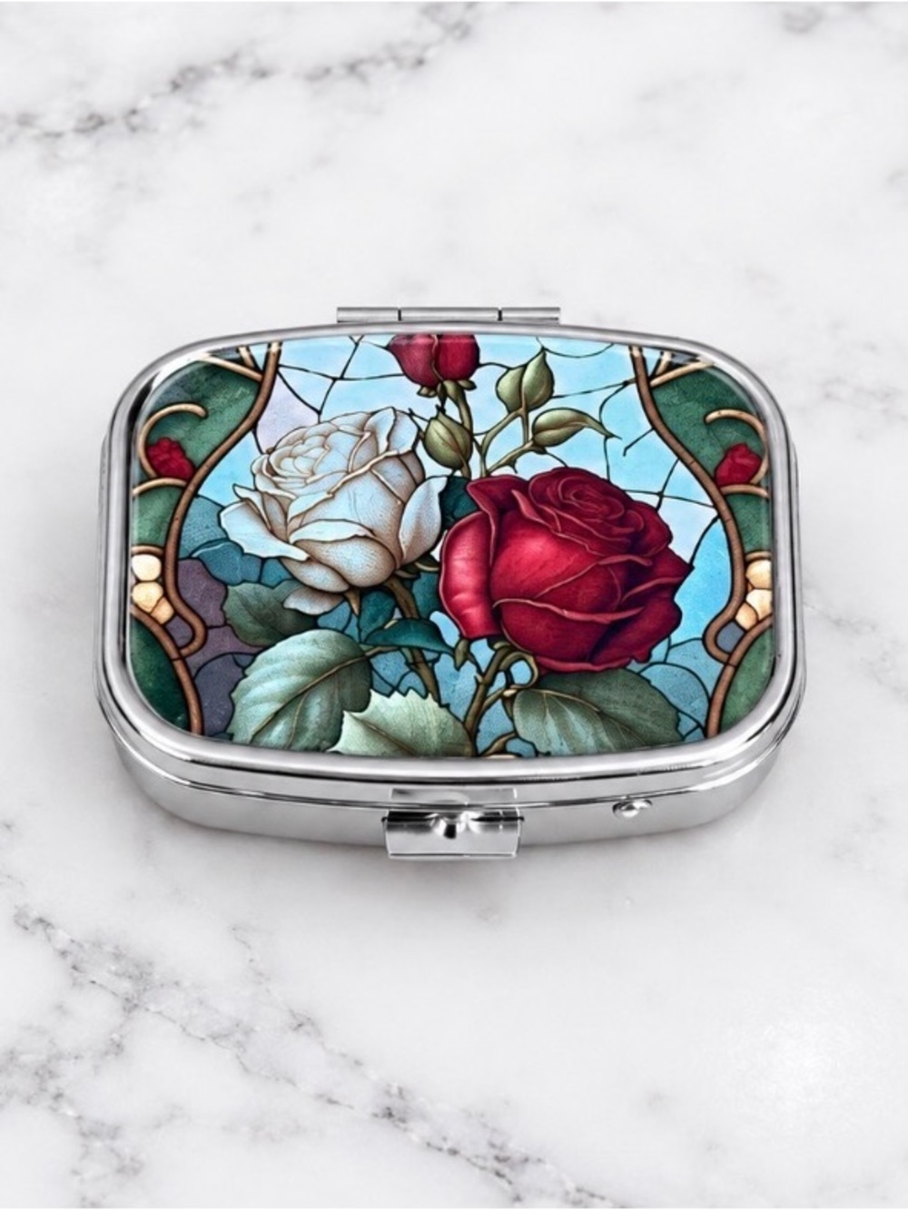 Stained Glass Design Purse Pill Box/Travel Jewelry-Compact With Lidded Mirror
